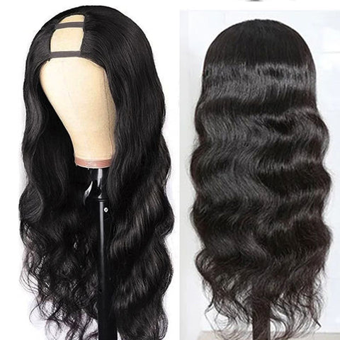 Body Wave #1B Natural Black U Part Wigs 100% Virgin Human Hair 180% Density